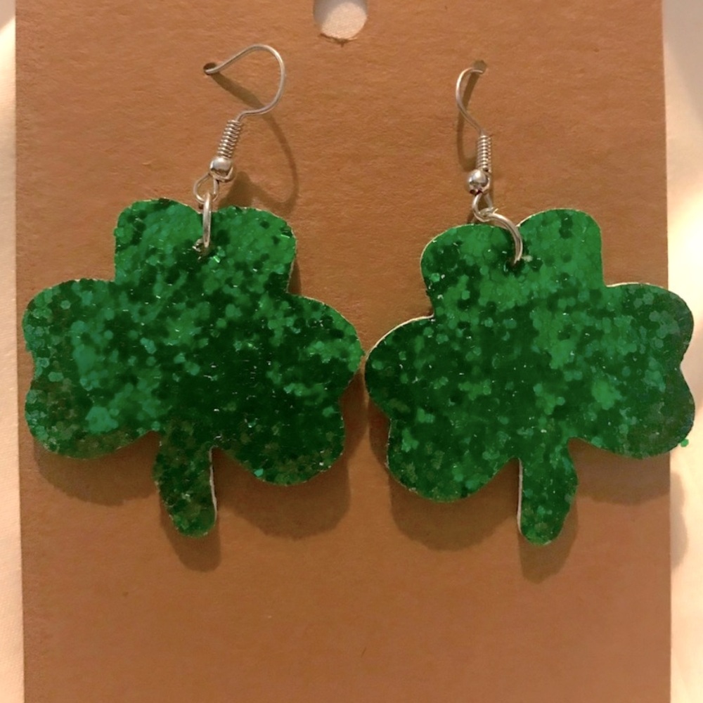 Green Glitter Shamrock Leather Earrings